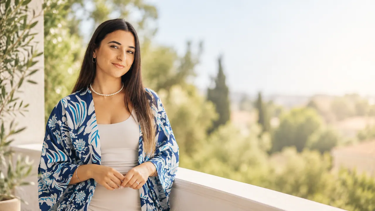 נועם כהן בלן במרפסת, בקימונו כחול פרחוני, על רקע עצים ושמיים