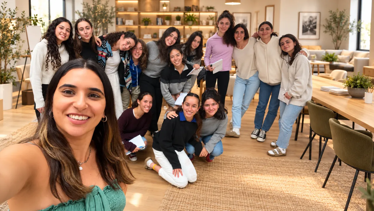 נועם כהן בלן בסלפי עם קבוצה גדולה של בנות שהיא מלווה, בחלל מואר