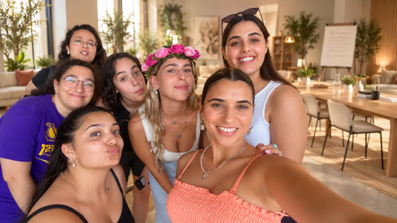 נועם כהן בלן בסלפי שמח עם קבוצת בנות שהיא מלווה